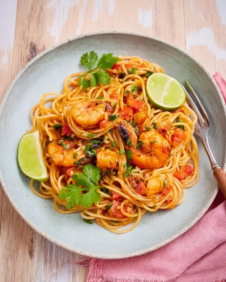 Delicious Tom Yum Spaghetti with Shrimp garnished with herbs and spices.