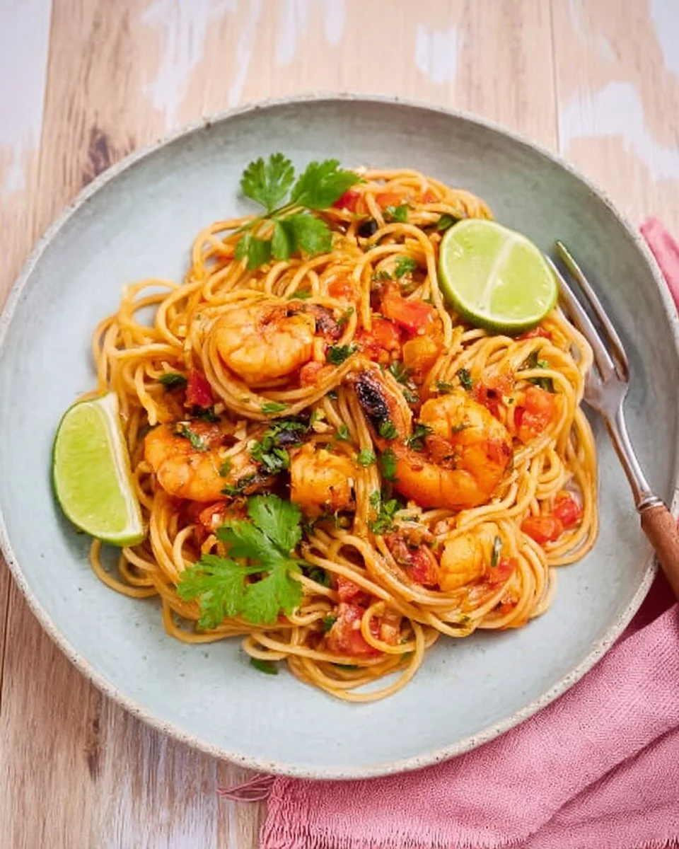 Delicious Tom Yum Spaghetti with Shrimp garnished with herbs and spices.