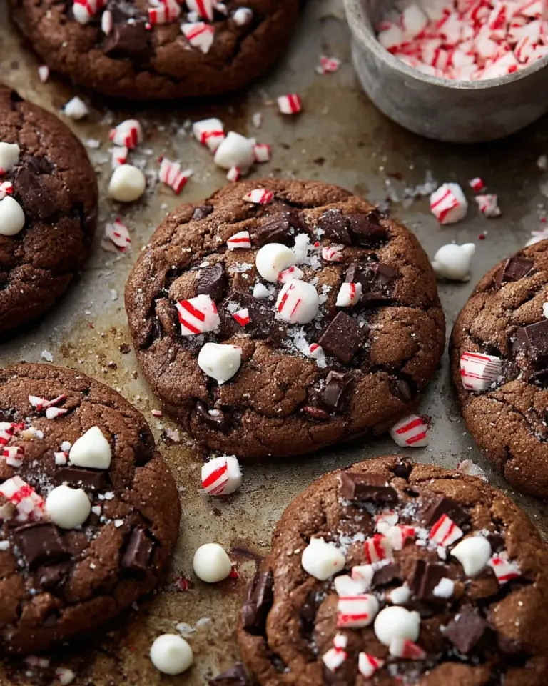 Triple Chocolate Peppermint Cookies with chocolate drizzle and peppermint sprinkles