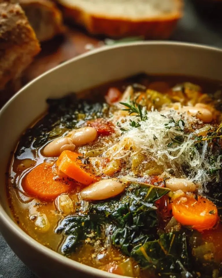 Bowl of Tuscan Soup with White Beans, garnished with herbs and served warm.