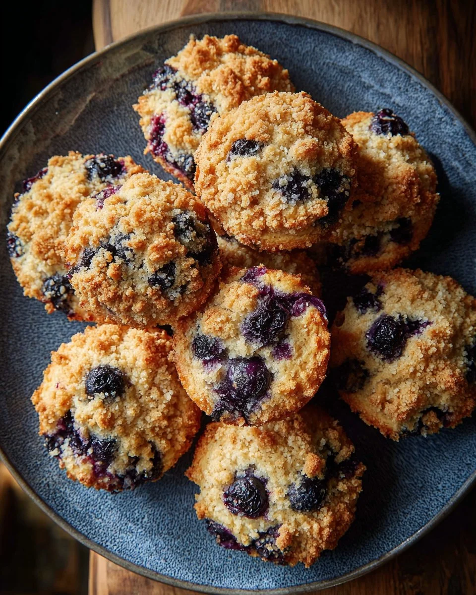 Freshly baked vegan blueberry crumble cookies with a crumbly topping