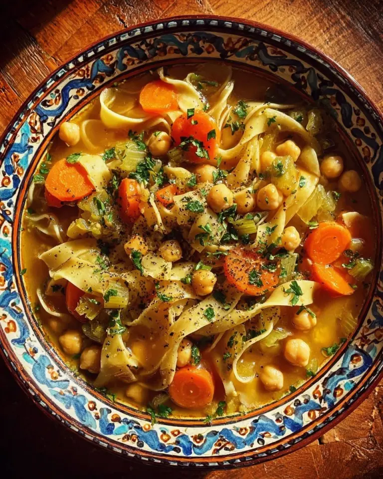 Bowl of vegan chickpea noodle soup with vegetables and herbs