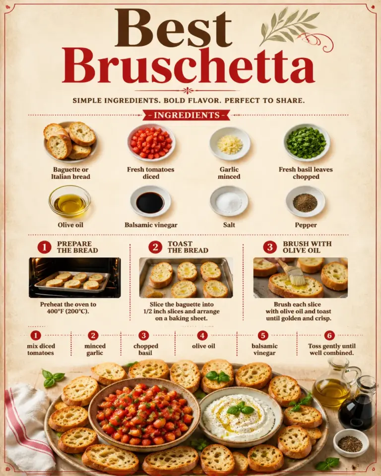 Delicious best bruschetta topped with tomatoes, basil, and balsamic glaze