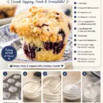 Freshly baked blueberry muffins with juicy blueberries on a wooden table