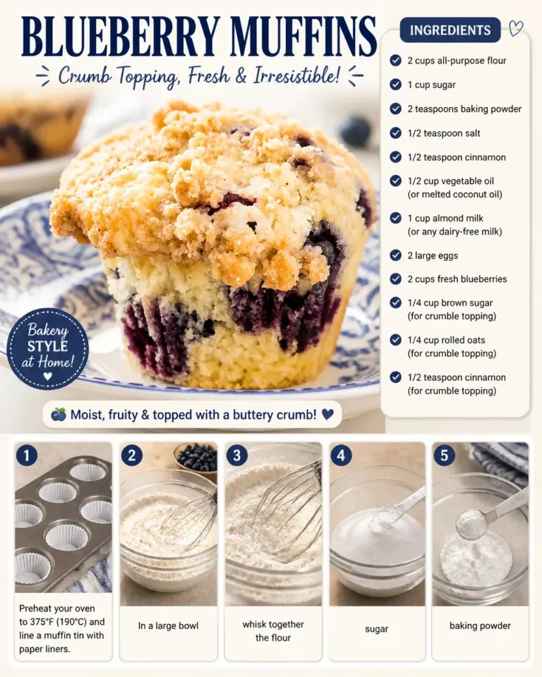 Freshly baked blueberry muffins with juicy blueberries on a wooden table
