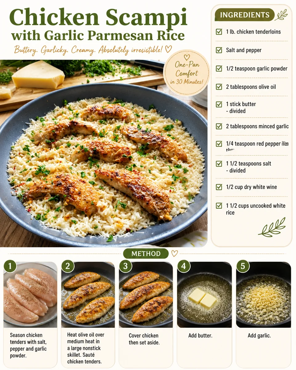 Delicious Chicken Scampi served with garlic parmesan rice on a plate