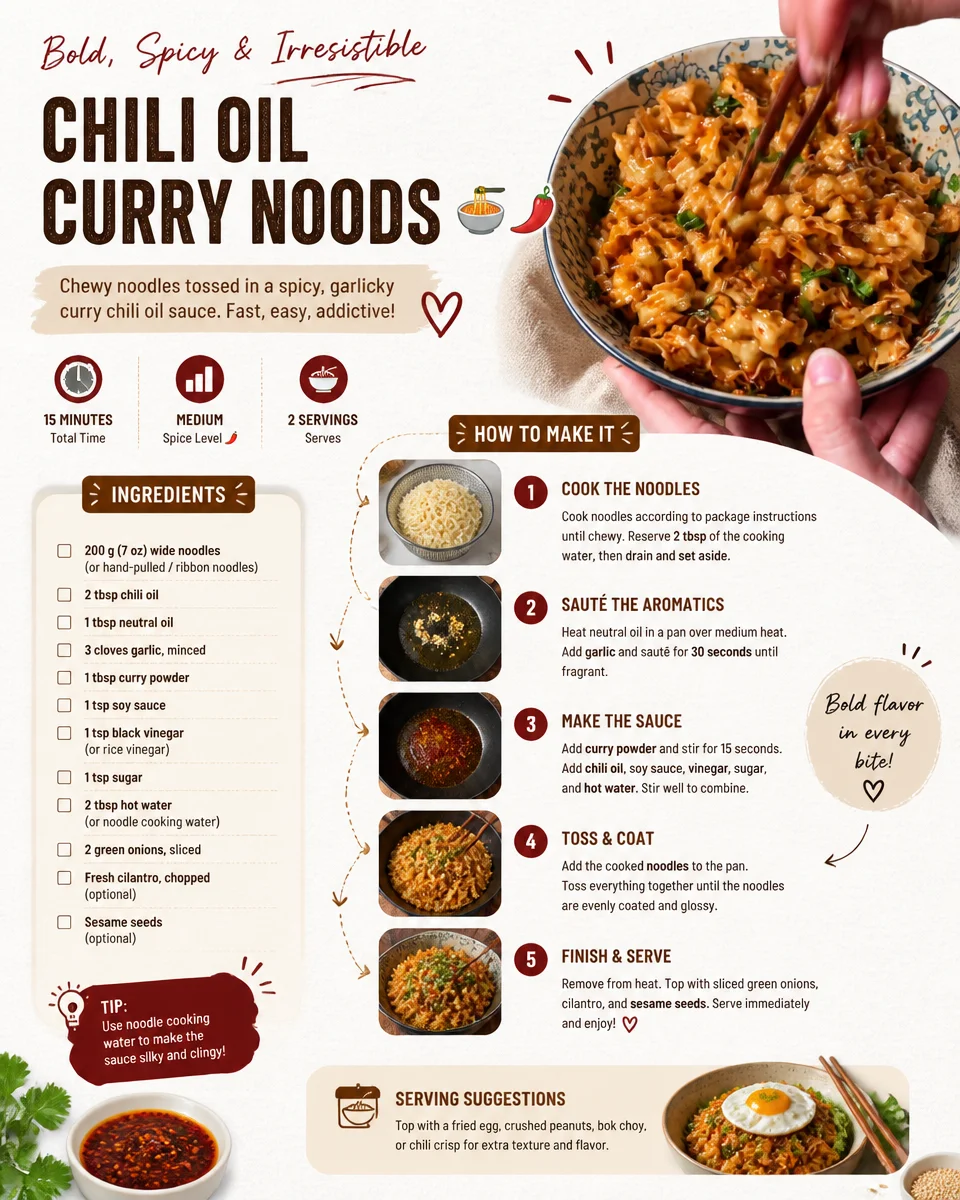 Delicious bowl of Chili Oil Curry Noodles topped with fresh herbs and spices.