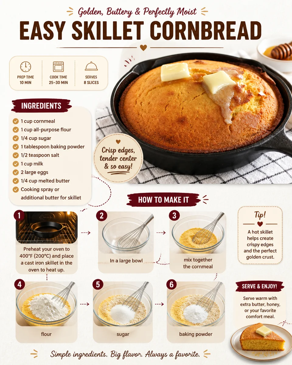 Simple and fluffy skillet cornbread fresh out of the oven