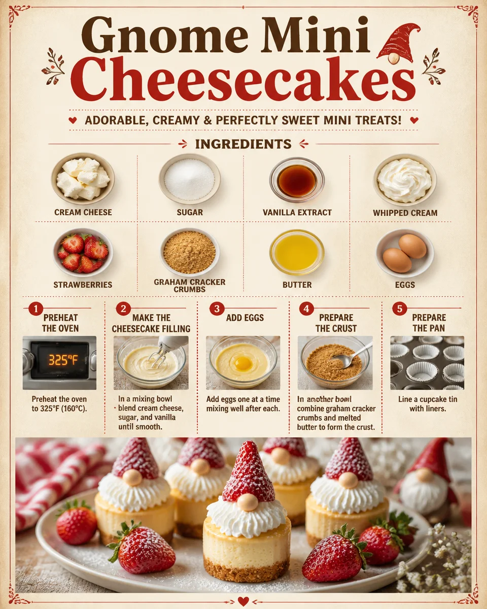 Gnome-themed mini cheesecakes decorated for festive occasions