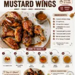 Plate of hot honey mustard wings drizzled with sauce and garnished with herbs