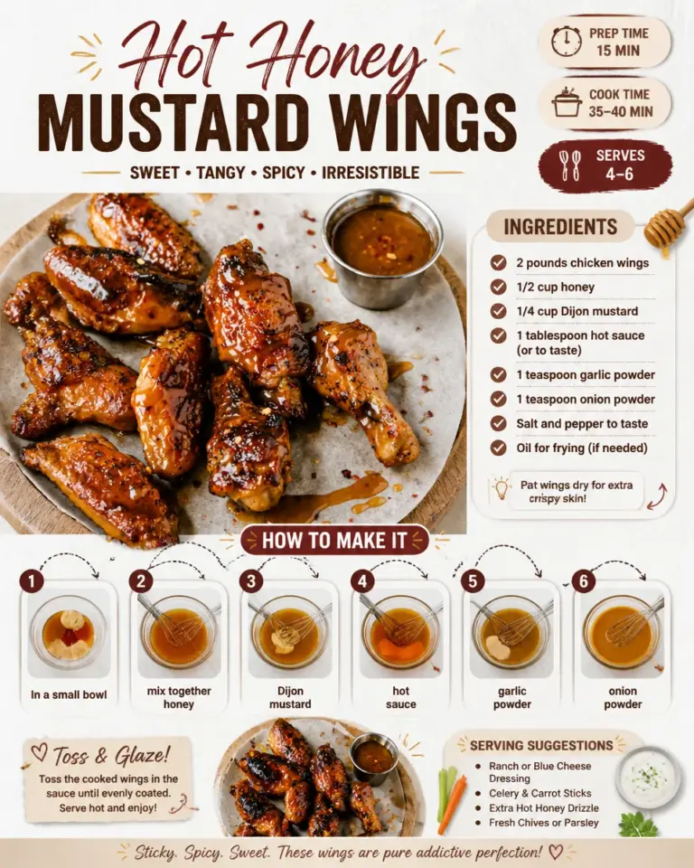 Plate of hot honey mustard wings drizzled with sauce and garnished with herbs