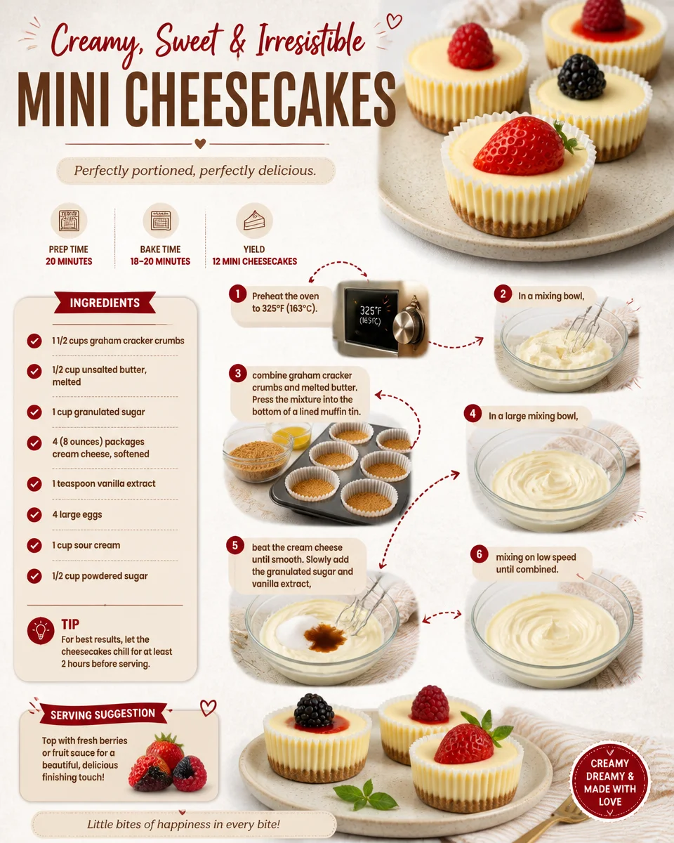 Delicious mini cheesecakes displayed on a dessert table.