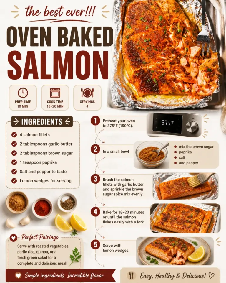 Delicious oven baked salmon served with lemon and herbs