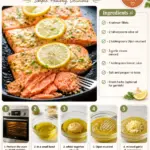 Delicious oven roasted salmon garnished with herbs and lemon on a plate