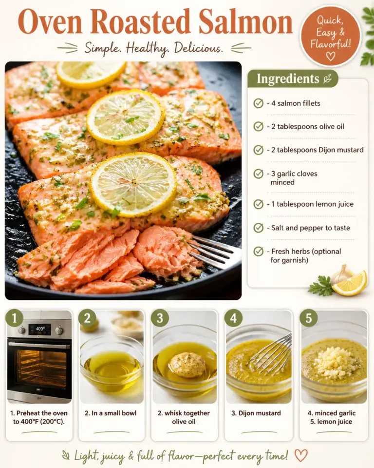 Delicious oven roasted salmon garnished with herbs and lemon on a plate