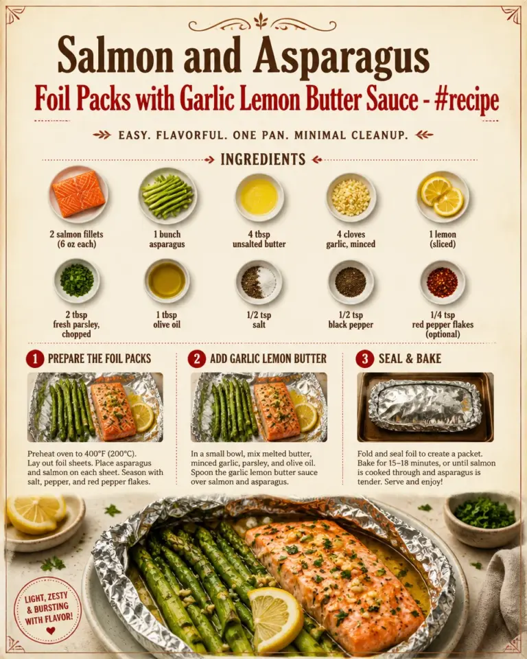 Salmon and asparagus foil packs with garlic lemon butter sauce ready to bake
