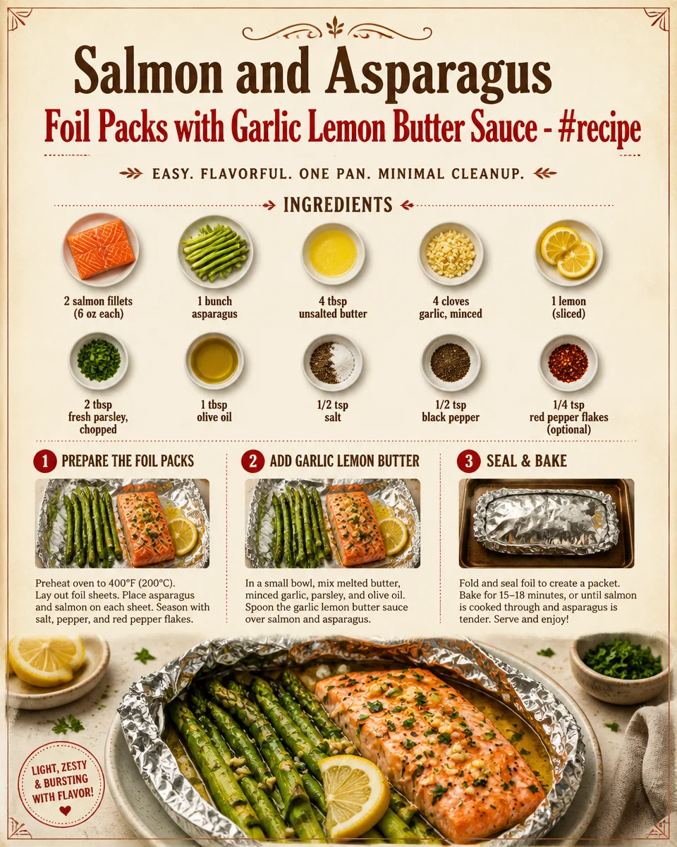 Salmon and asparagus foil packs with garlic lemon butter sauce ready to bake