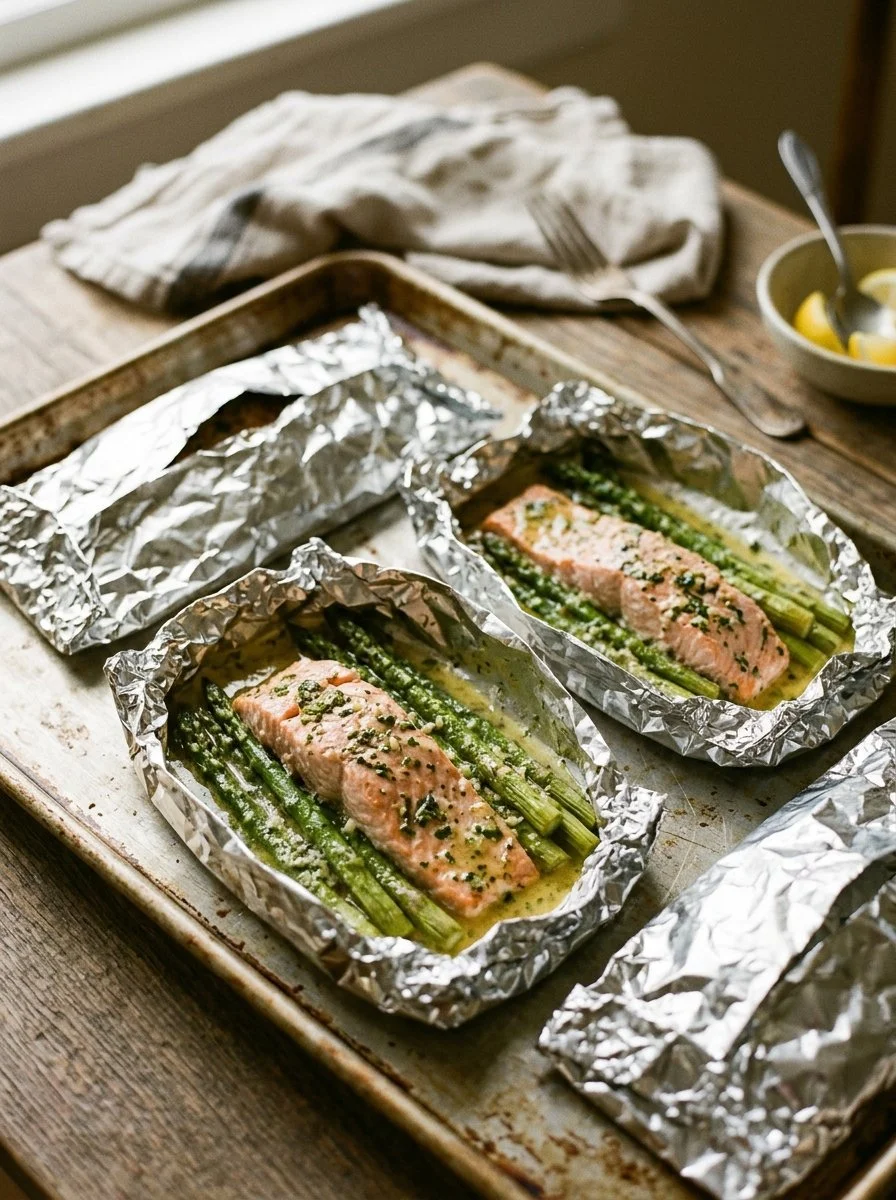 Salmon and Asparagus Foil Packs with Garlic Lemon Butter Sauce