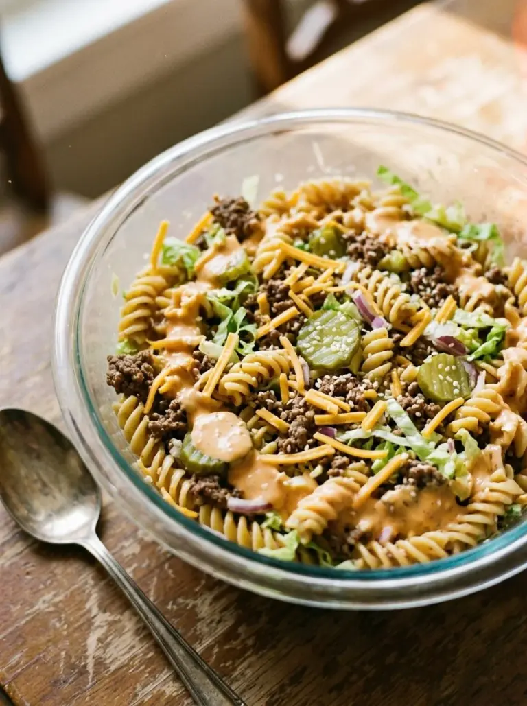 Big Mac Pasta Salad served in a bowl, garnished with fresh ingredients.