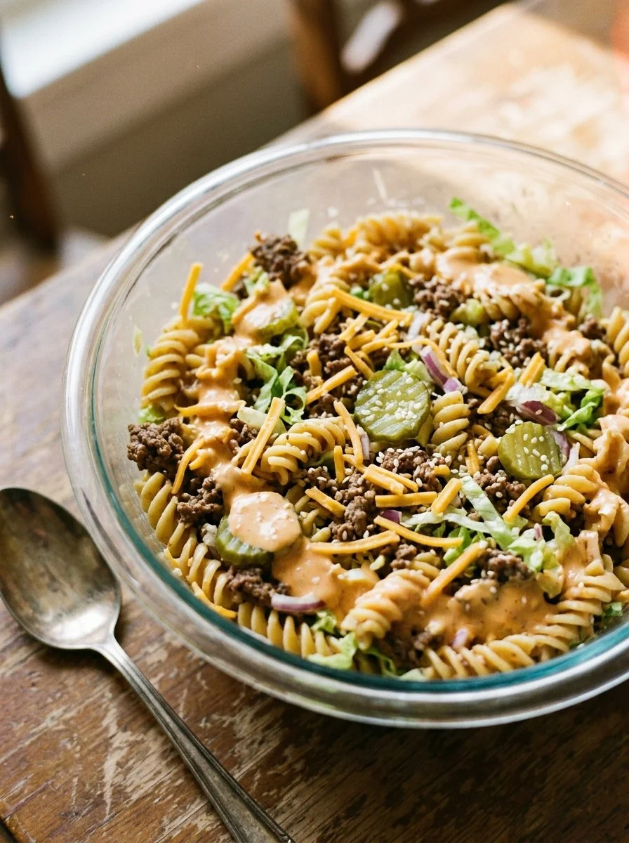 Big Mac Pasta Salad served in a bowl, garnished with fresh ingredients.