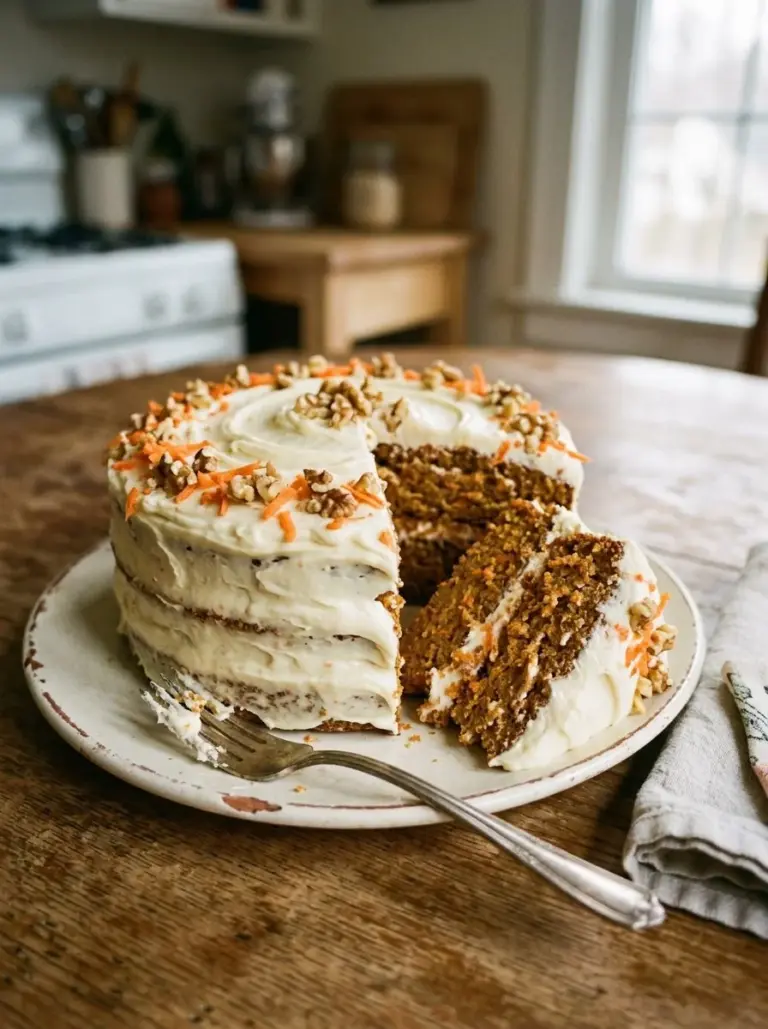 Moist and delicious carrot cake layer cake with cream cheese frosting