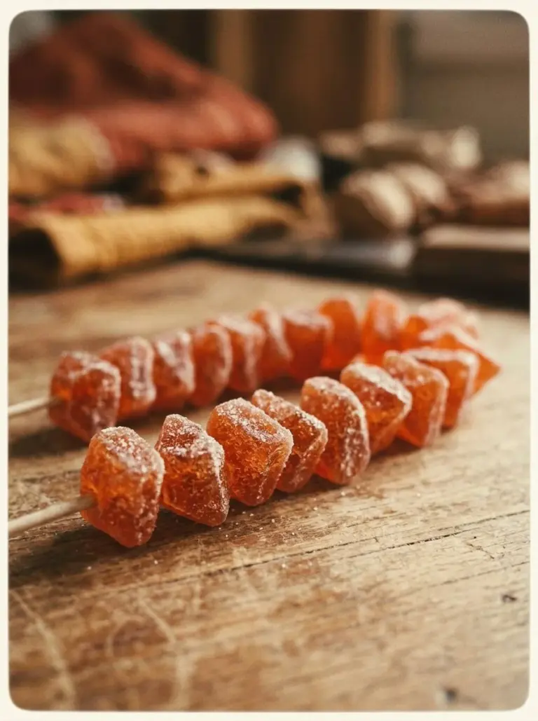 Cinnamon Rock Candy in vibrant red and brown colors, showcasing its sweet texture.