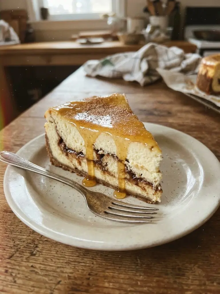Delicious Cinnamon Roll Honeybun Cheesecake with creamy texture and cinnamon glaze