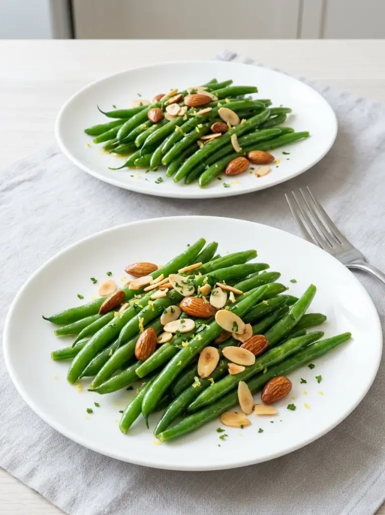 Plate of classic green beans almondine with almonds and butter.