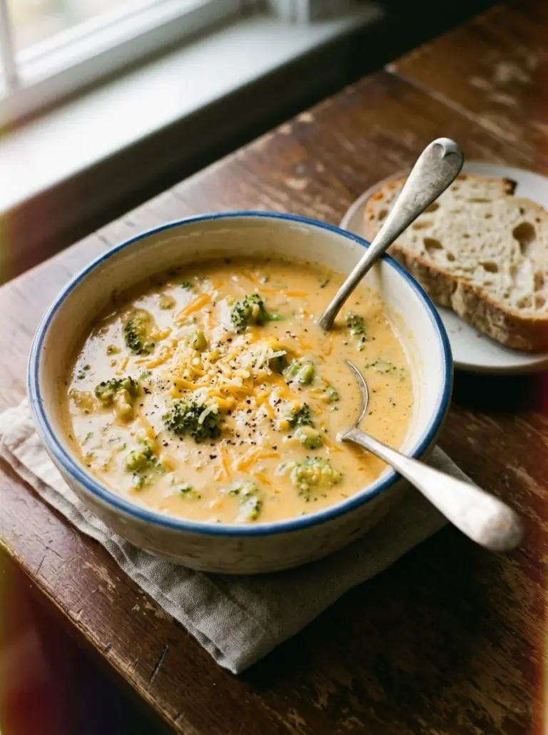 Bowl of homemade copycat Panera broccoli cheddar soup with bread