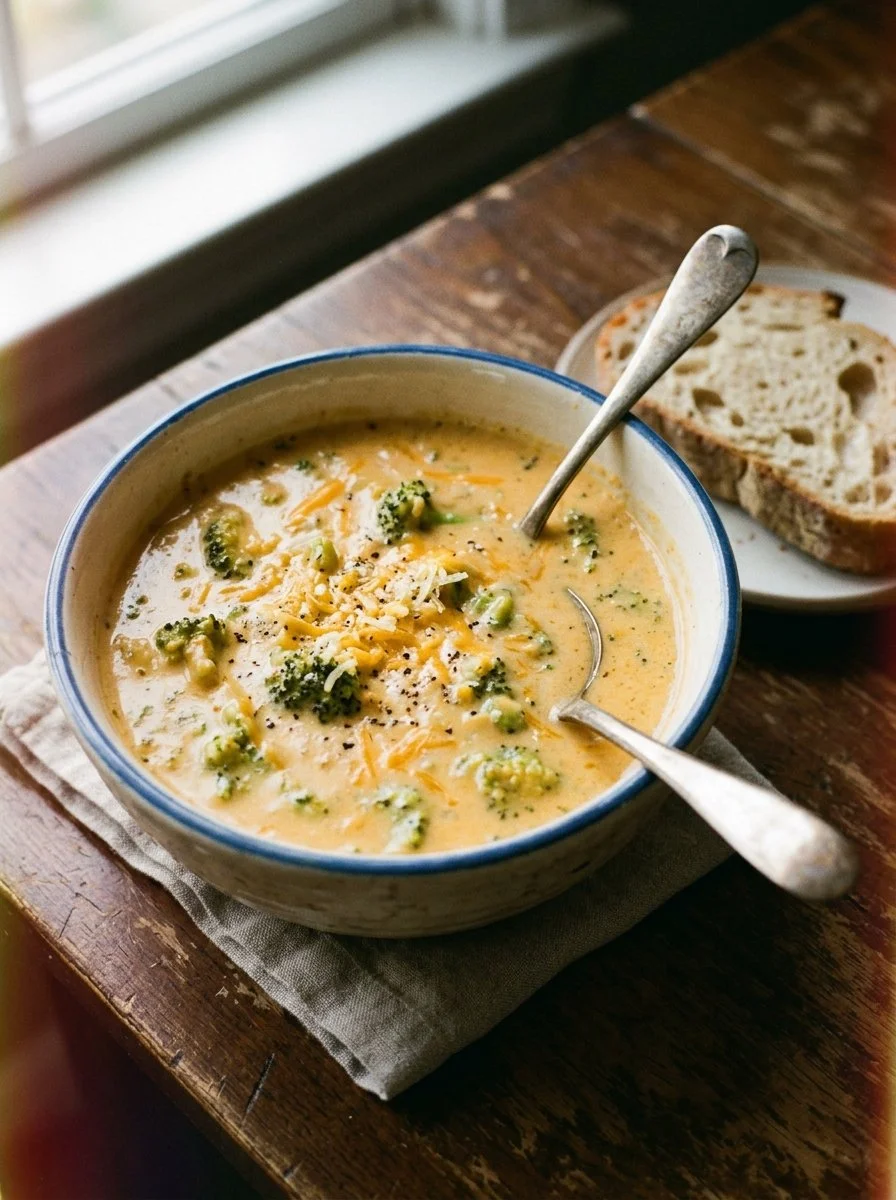 Bowl of homemade copycat Panera broccoli cheddar soup with bread