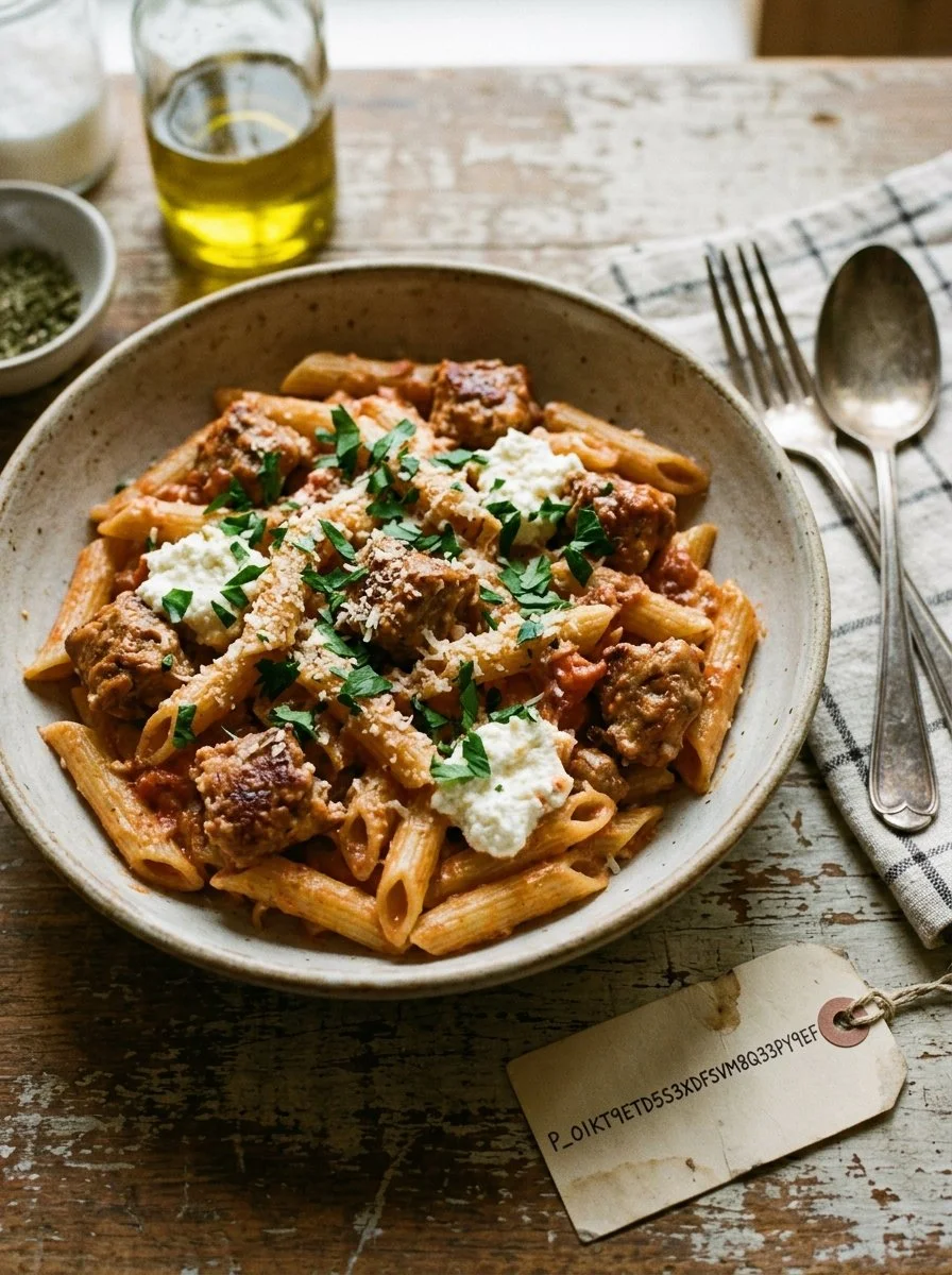 Creamiest Italian sausage pasta dish topped with herbs and cheese