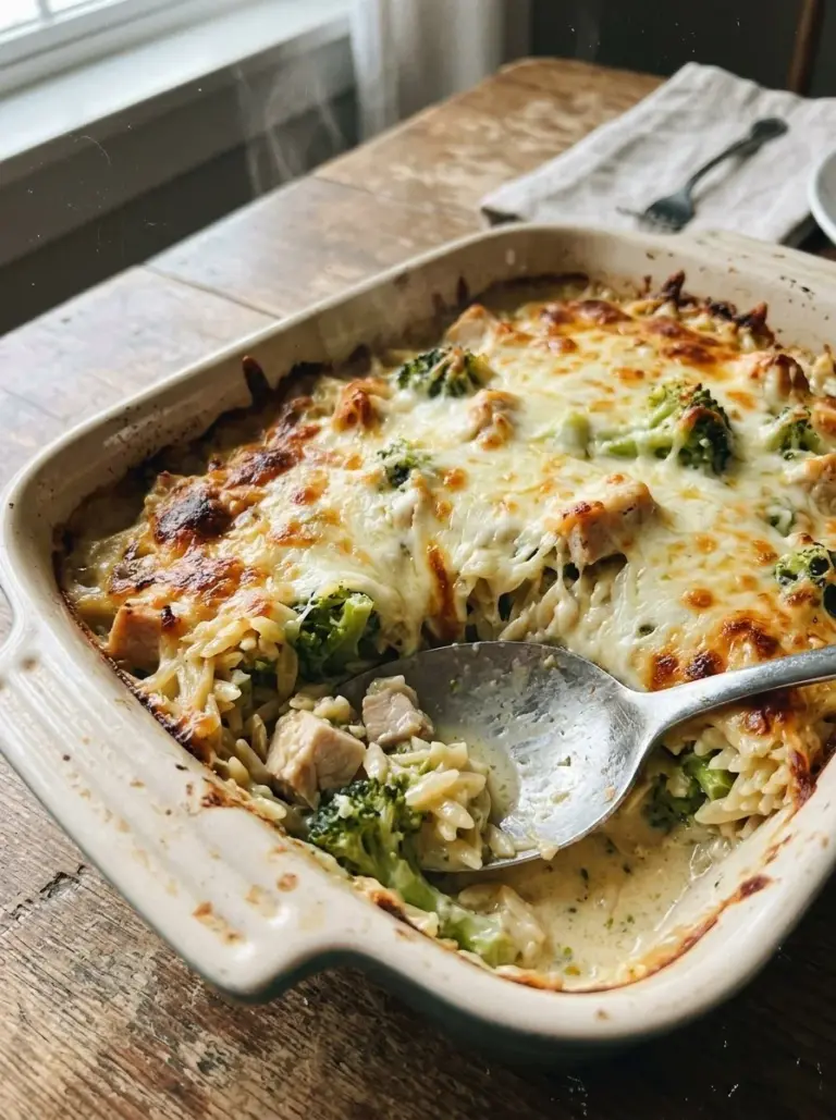 Creamy cheesy chicken broccoli orzo bake dish topped with melted cheese.