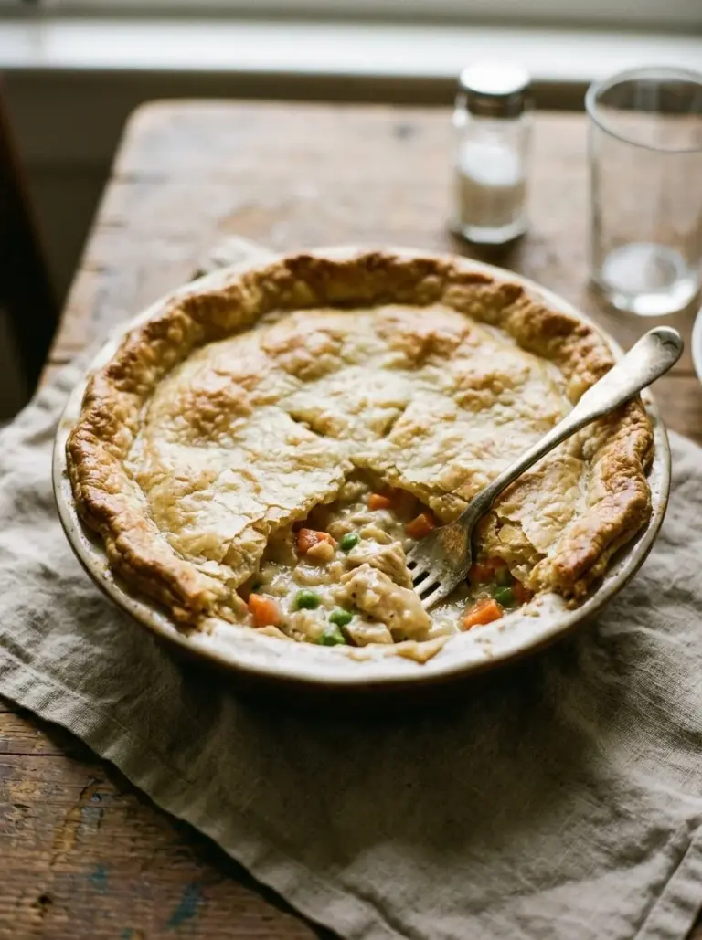 Delicious creamy chicken pot pie with flaky crust and savory filling