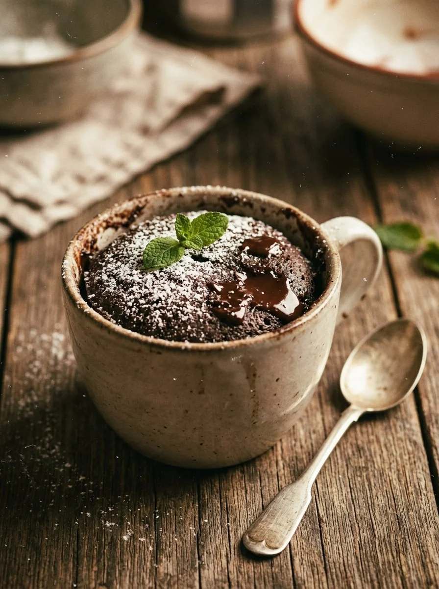 Gluten-free chocolate mug cake served in a cup with melted chocolate on top.