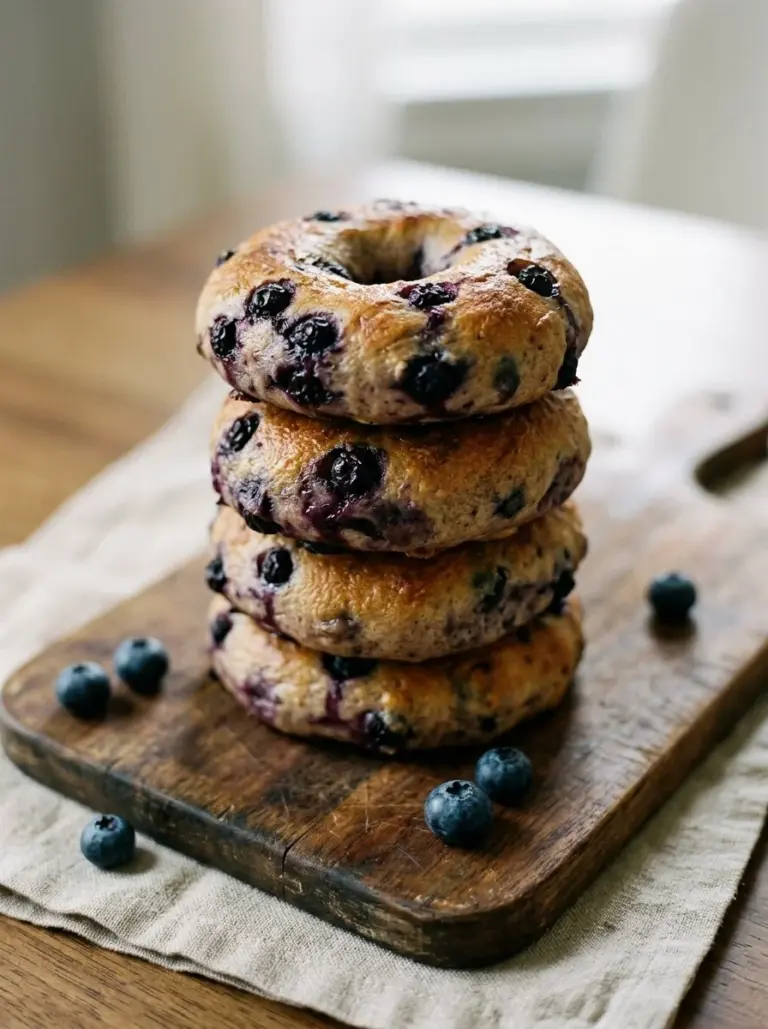 Freshly baked homemade blueberry bagels on a cooling rack