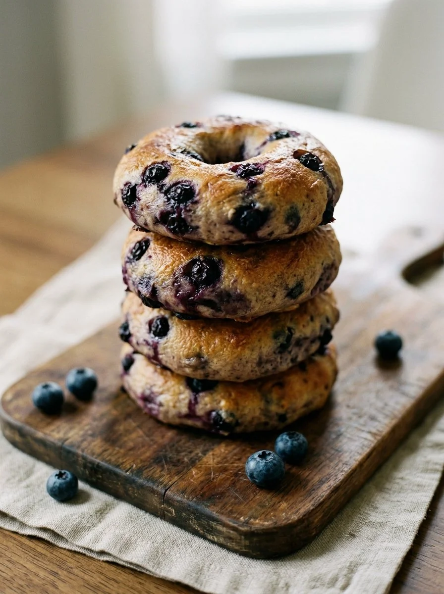 Freshly baked homemade blueberry bagels on a cooling rack