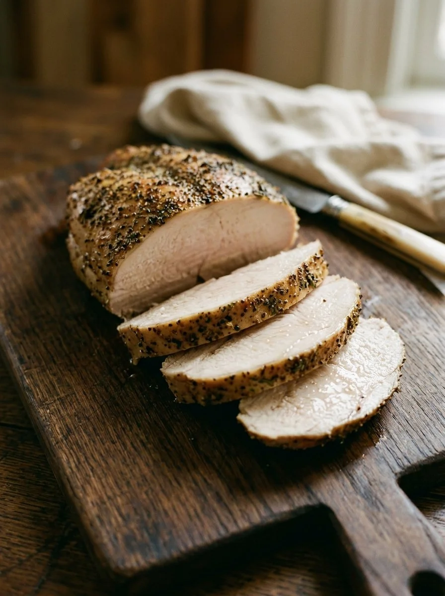 Juicy baked turkey breast served with herbs and spices