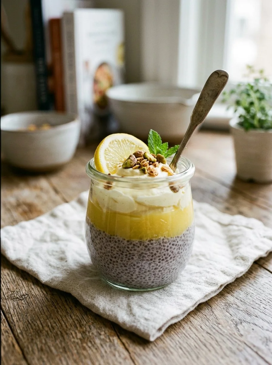 Delicious bowl of Lemon Cream Chia Pudding topped with fresh lemon slices.