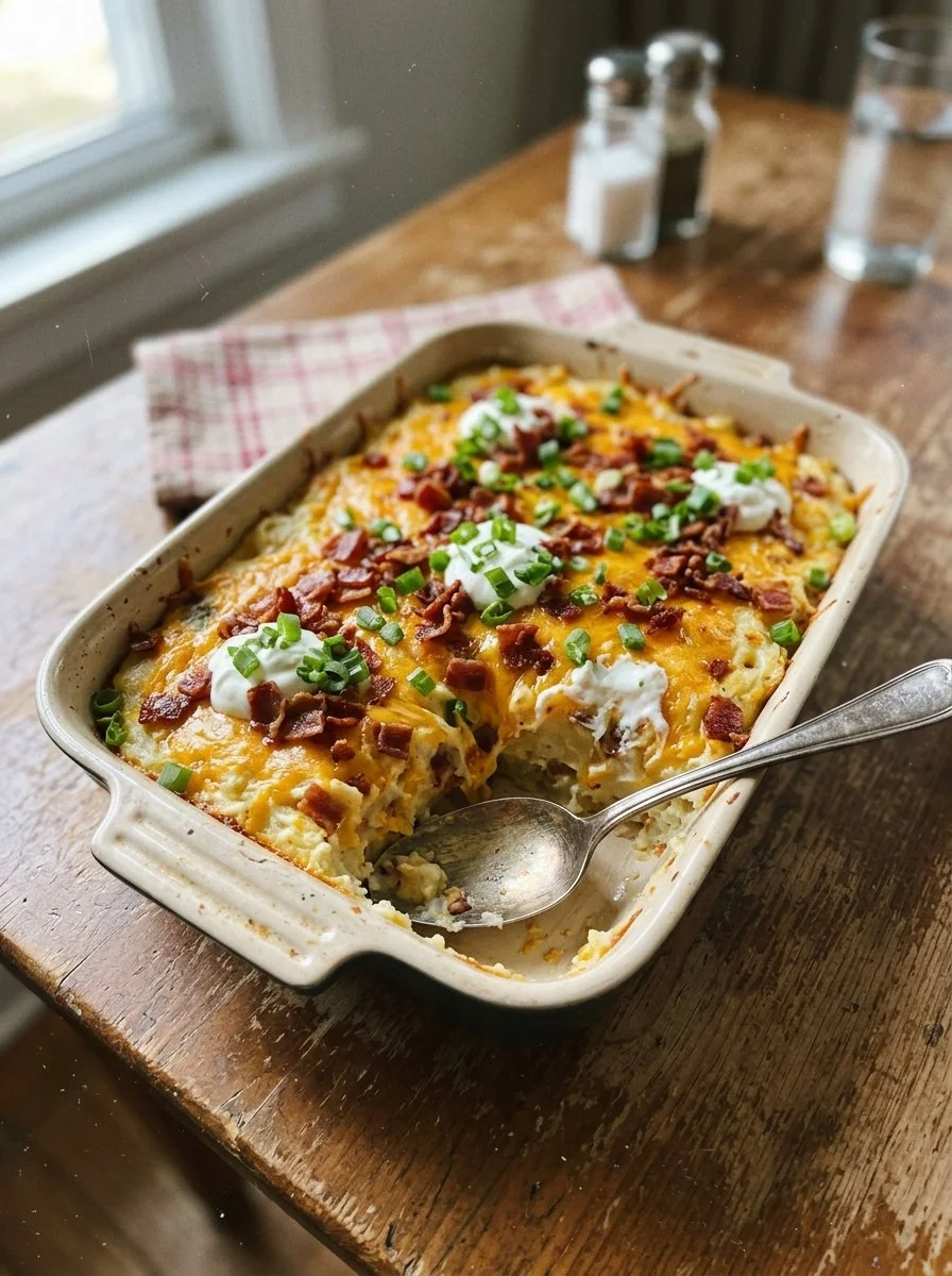 Delicious loaded baked potato casserole topped with cheese and bacon
