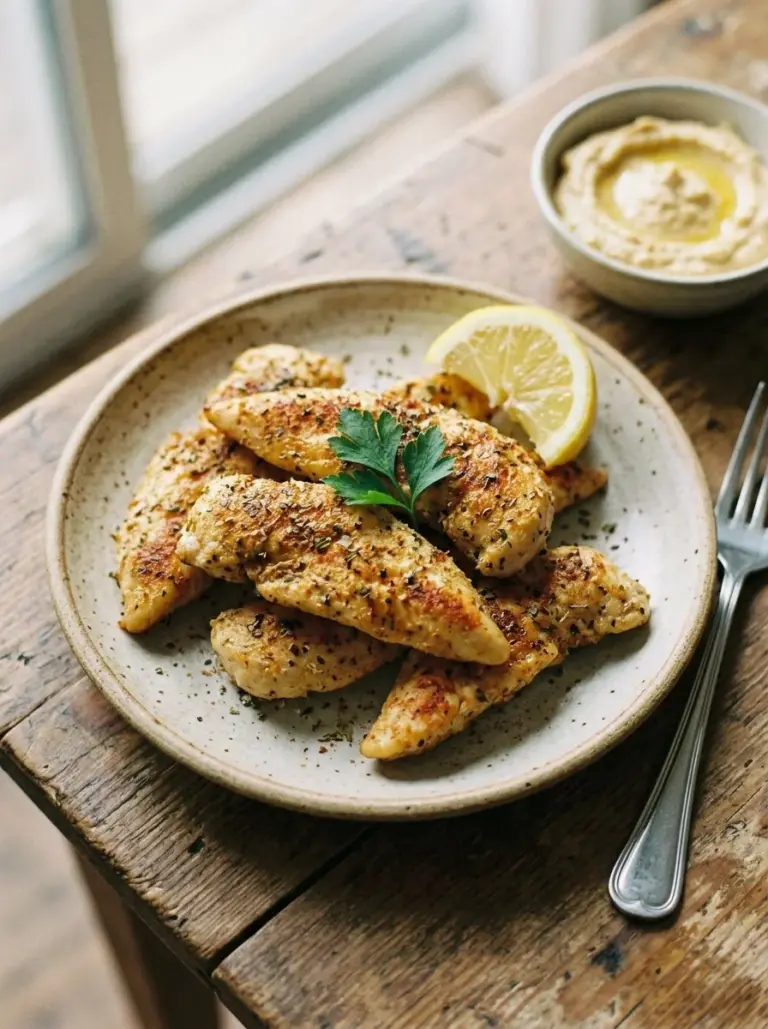 Plate of Mediterranean Chicken Tenders garnished with herbs and vegetables