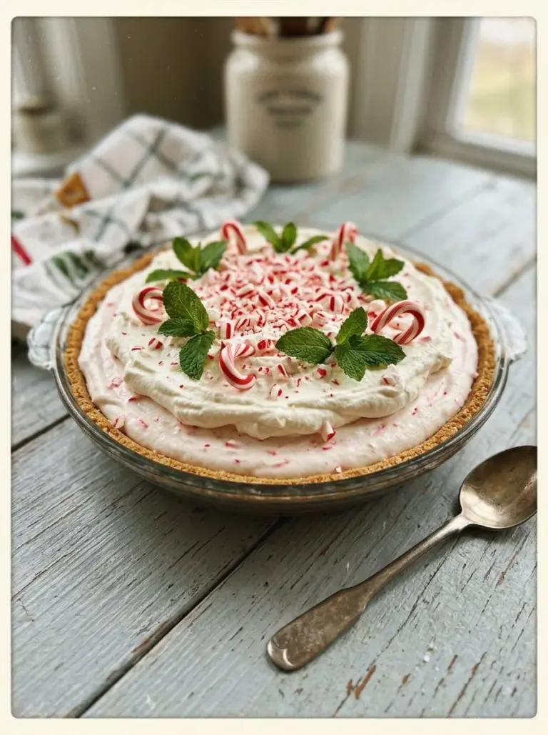 No-Bake Christmas Peppermint Pie topped with whipped cream and crushed peppermint.