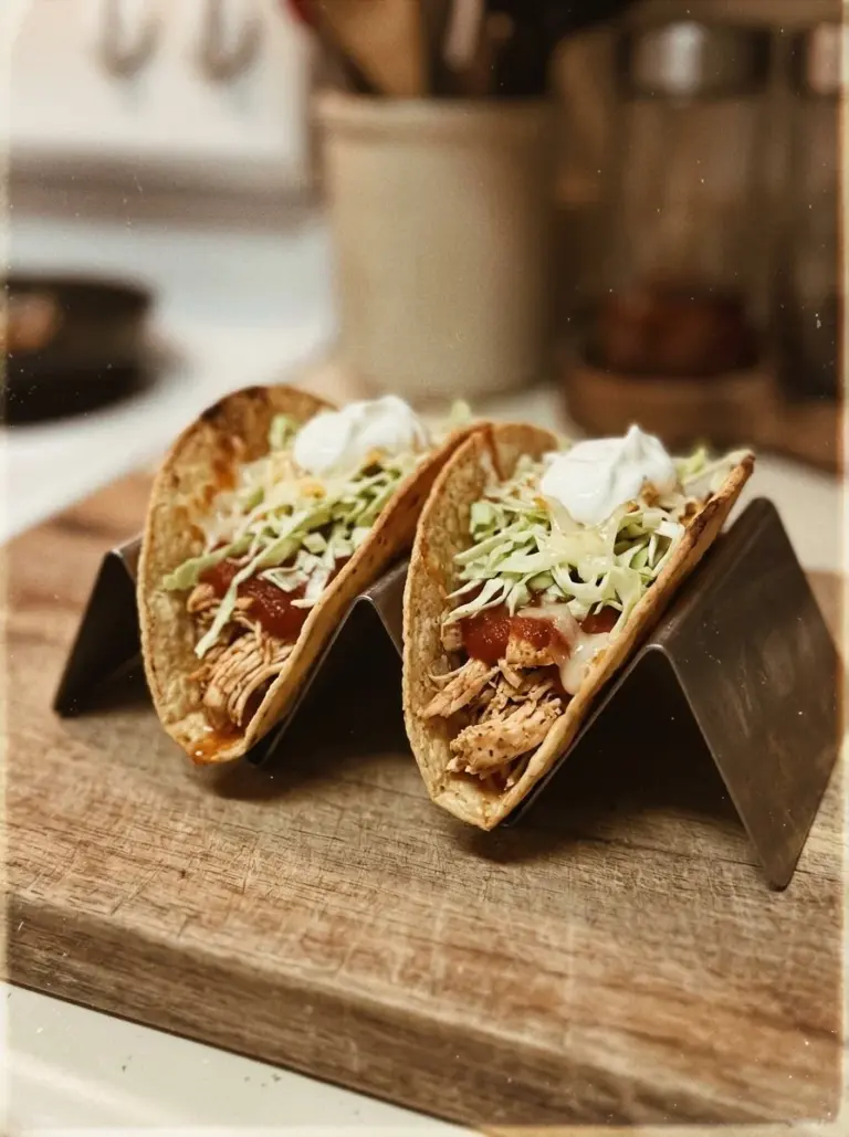 No-fry crispy baked chicken tacos served on a plate with toppings.