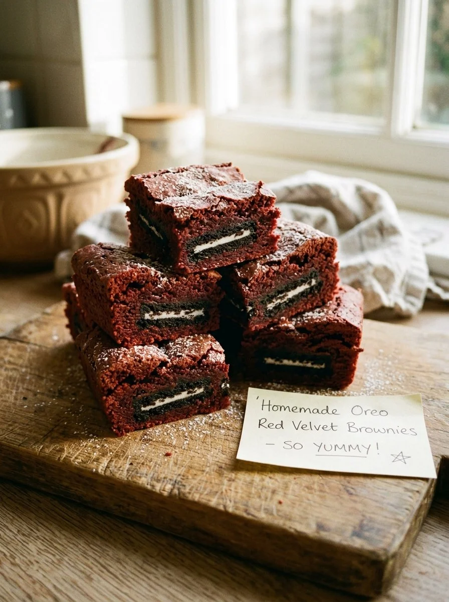 Decadent Oreo stuffed red velvet brownies on a plate