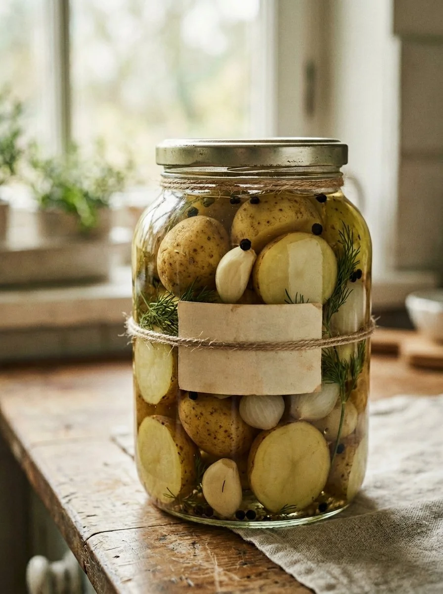 Delicious pickled potatoes in a jar, showcasing their vibrant color and texture.