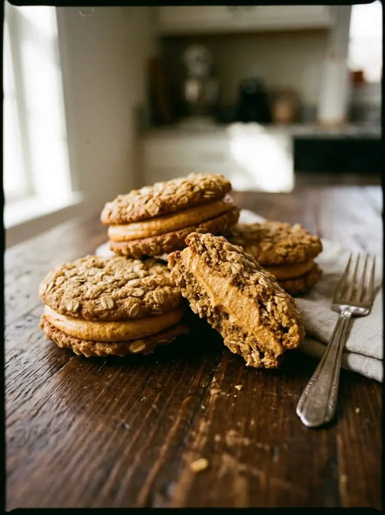 Pumpkin oatmeal cream pies with cream filling on a rustic wooden table