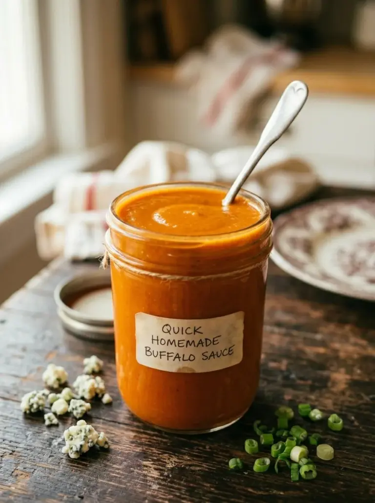 Quick homemade Buffalo sauce in a bowl with a spoon.