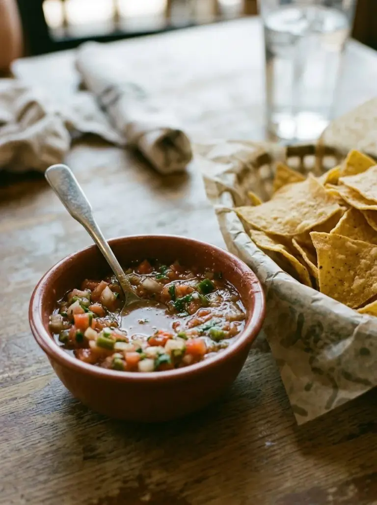 Bowl of vibrant restaurant style salsa with fresh ingredients on a wooden table