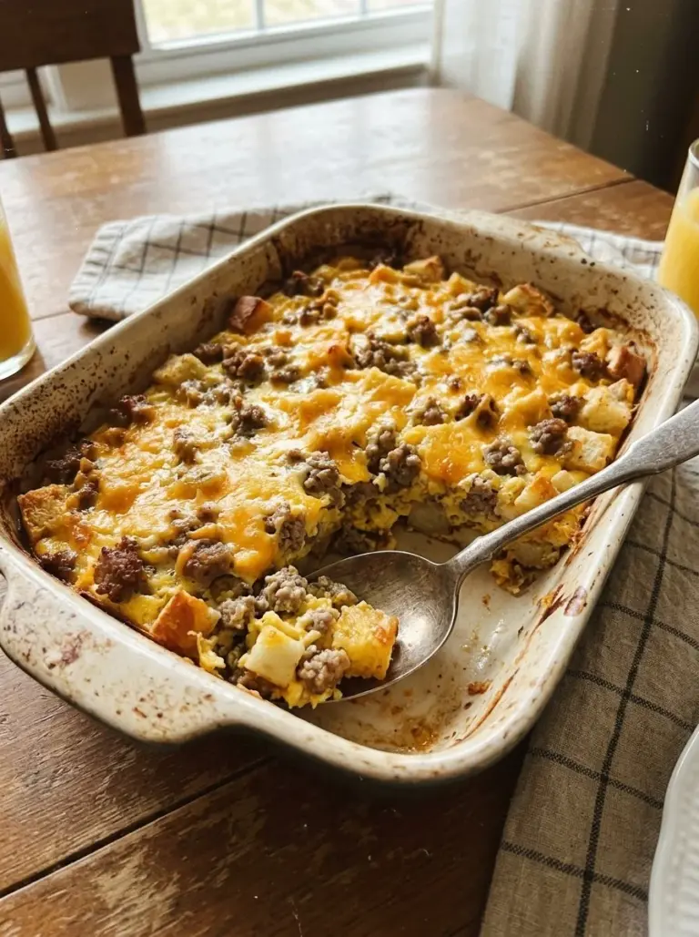 Delicious Sausage Breakfast Casserole baked to perfection with eggs and cheese.