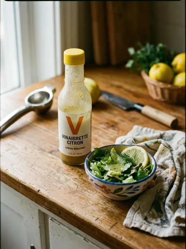A bottle of homemade simple lemon vinaigrette drizzled over a fresh salad.