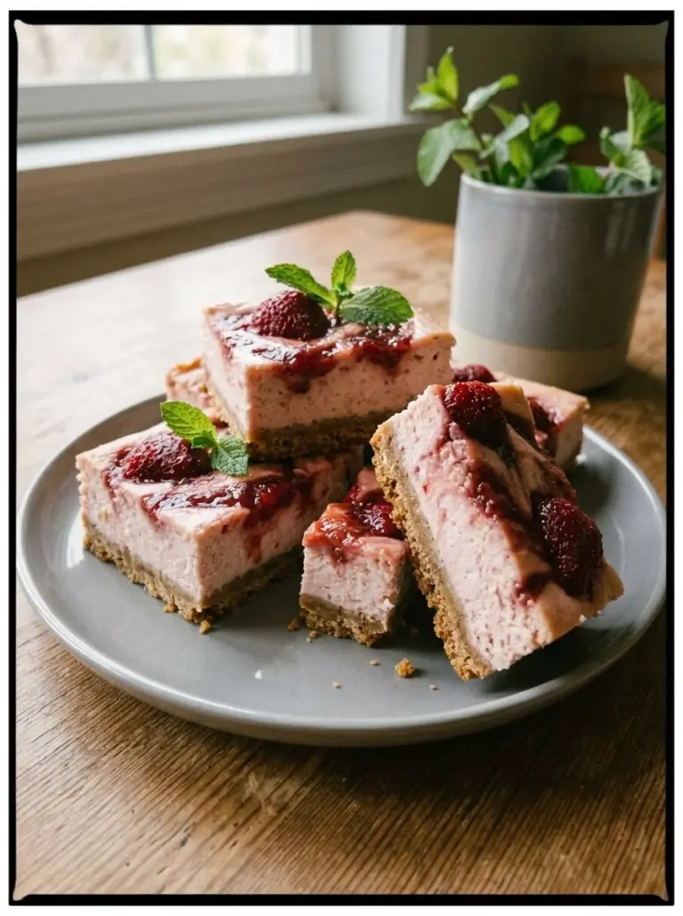 Soft strawberry cheesecake bars topped with fresh strawberries